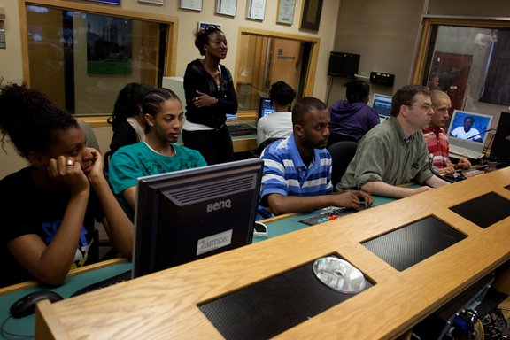 Students in the control room at the Verse City broadcast workshop